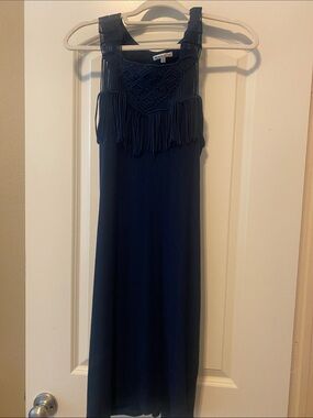 Sleeveless Navy Fringe Mini Dress with Macramé Bodice